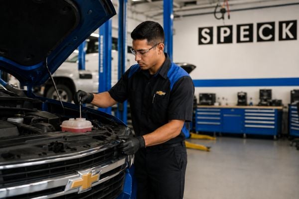 automotive tech checking coolant on a chevrolet