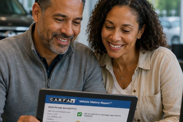 couple looking at carfax report