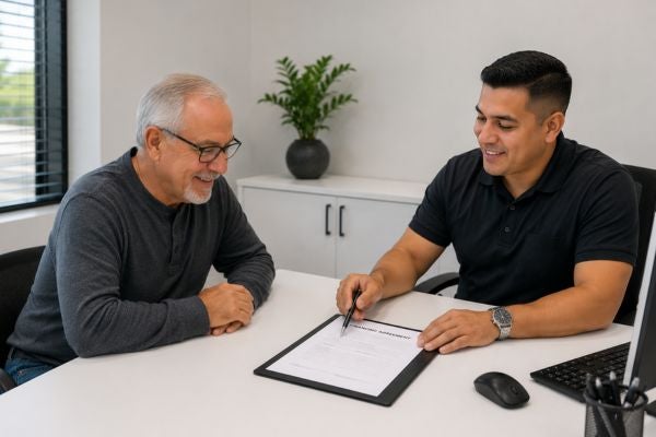 financec manager helping customer with paperwork