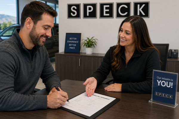 finance manager and customer doing car loan paperwork