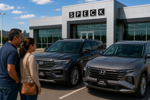 couple looking at used vehicles