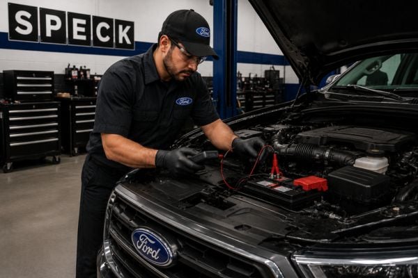 auto tech performing an oil change on a ford
